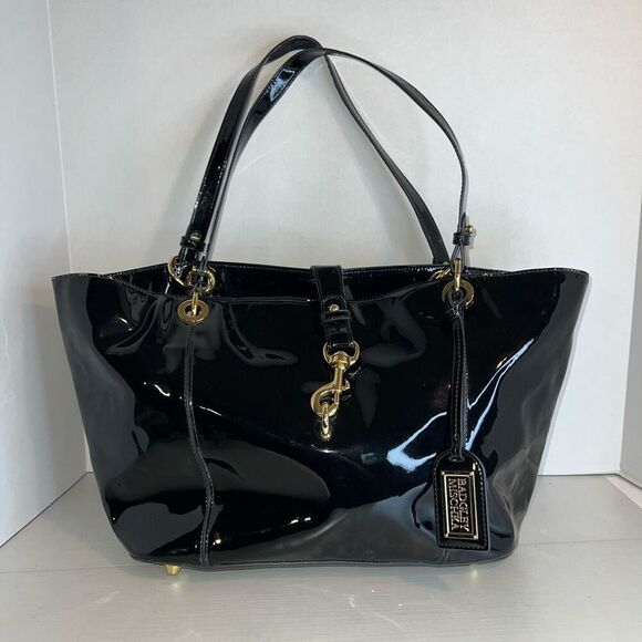Badgley Mischka Black Patent Leather Tote Bag Gold Tone Hardware Hang Tag Classi - Picture 1 of 11